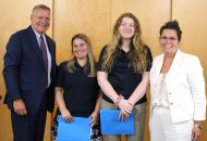 CDSBEO Board Chair Todd Lalonde, Ella Scott, Chloe Finner, and CDSBEO Director of Education Laurie Corrigan