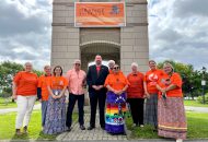 Orange Shirt Day Banner on the Clock Tower in Lamoureux Park