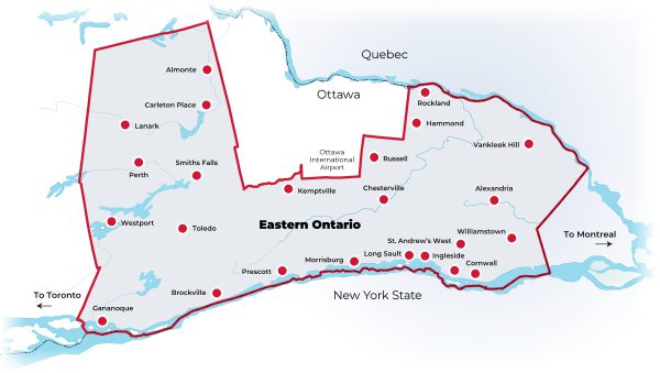 Map of Eastern Ontario with CDSBEO school locations.
