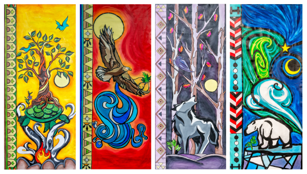 Indigenous banners based on the teachings of the Medicine Wheel.